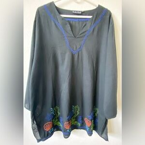 KikiSol Black Embroidered Tunic with Blue Trim XXL